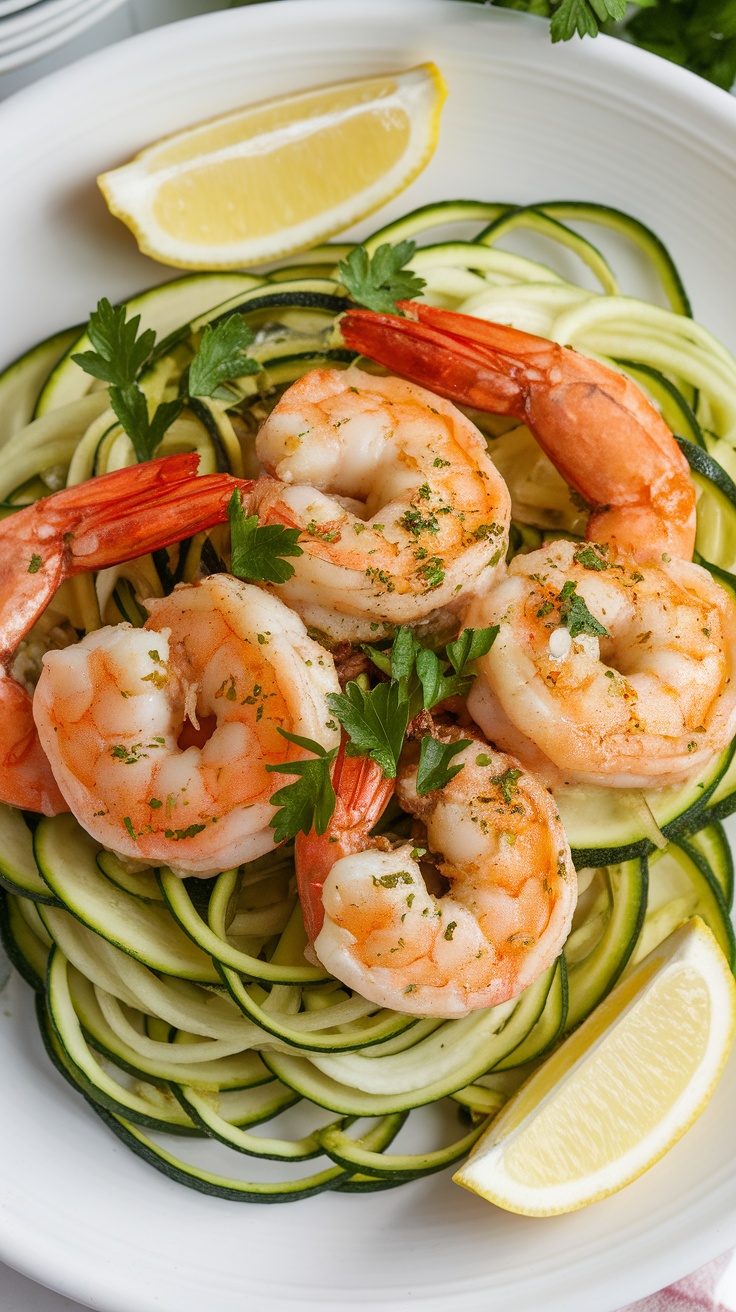 Garlic Butter Shrimp with Zucchini Noodles garnished with parsley and lemon on a white plate.